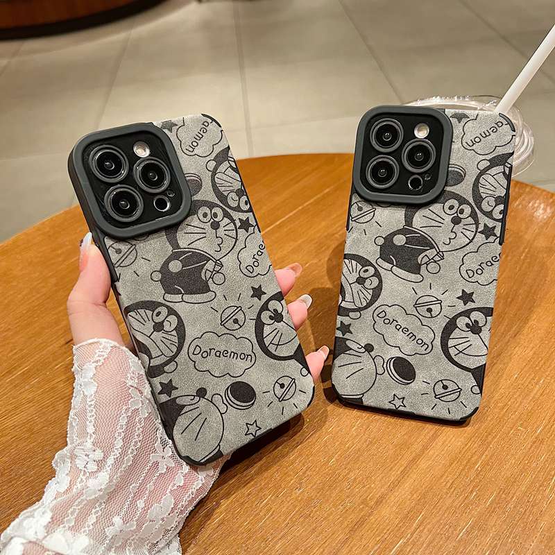 【Lamb Skin】So Cute Gray Grey Doraemon Leather Soft Case for IPhone 7 Plus 8 Plus X XS XR XS Max 11 13 12 14 PRO Max 14 Plus for Men‘s Man's