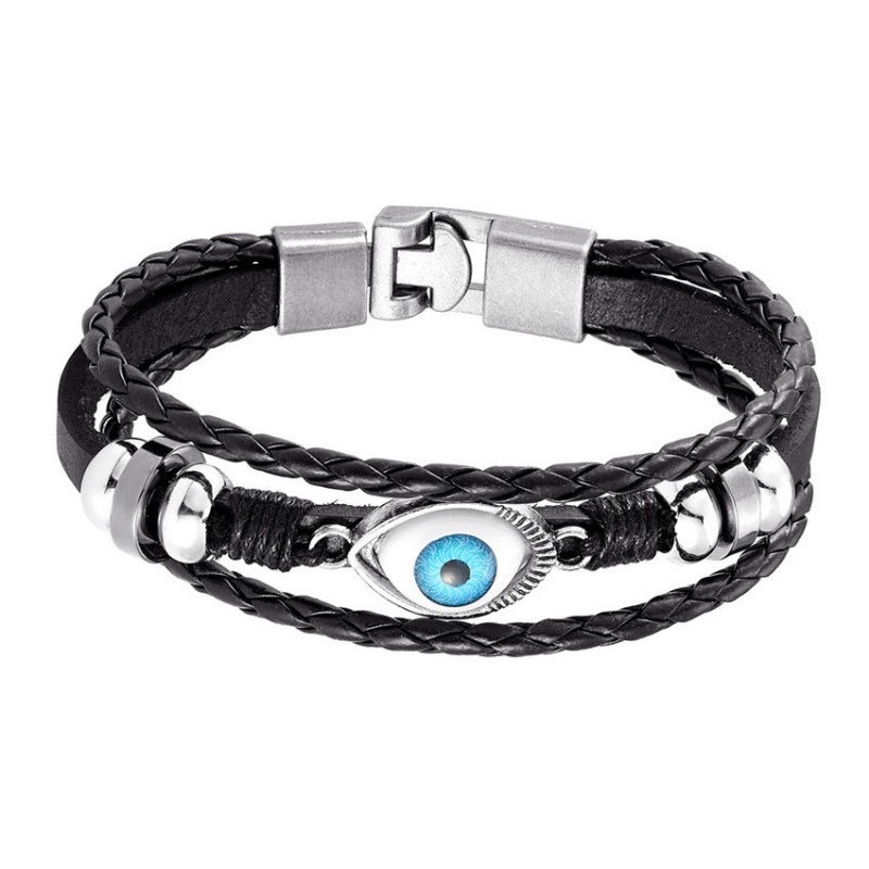 [X C Gelang] Baru Setan Mata Gelang Kulit Hitam Vintage Hip Hop Punk Gelang Kulit Lengan Manik-Manik Multilayer Zinc Alloy Anyaman Gelang