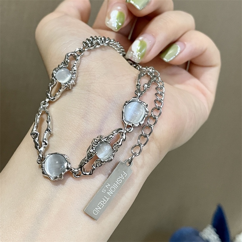 Fashion Moonstone Gelang Untuk Wanita Manik-Manik Elegan Gelang Rantai Perak Aksesoris Perhiasan