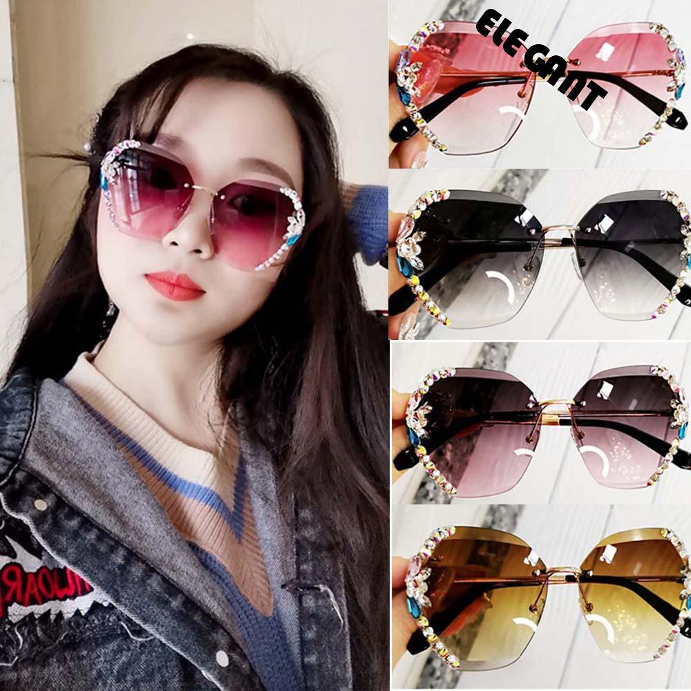 [Elegan] Kacamata Hitam Tanpa Bingkai Street Shot Multicolor Wanita Oversized Rhinestone UV400 Protection