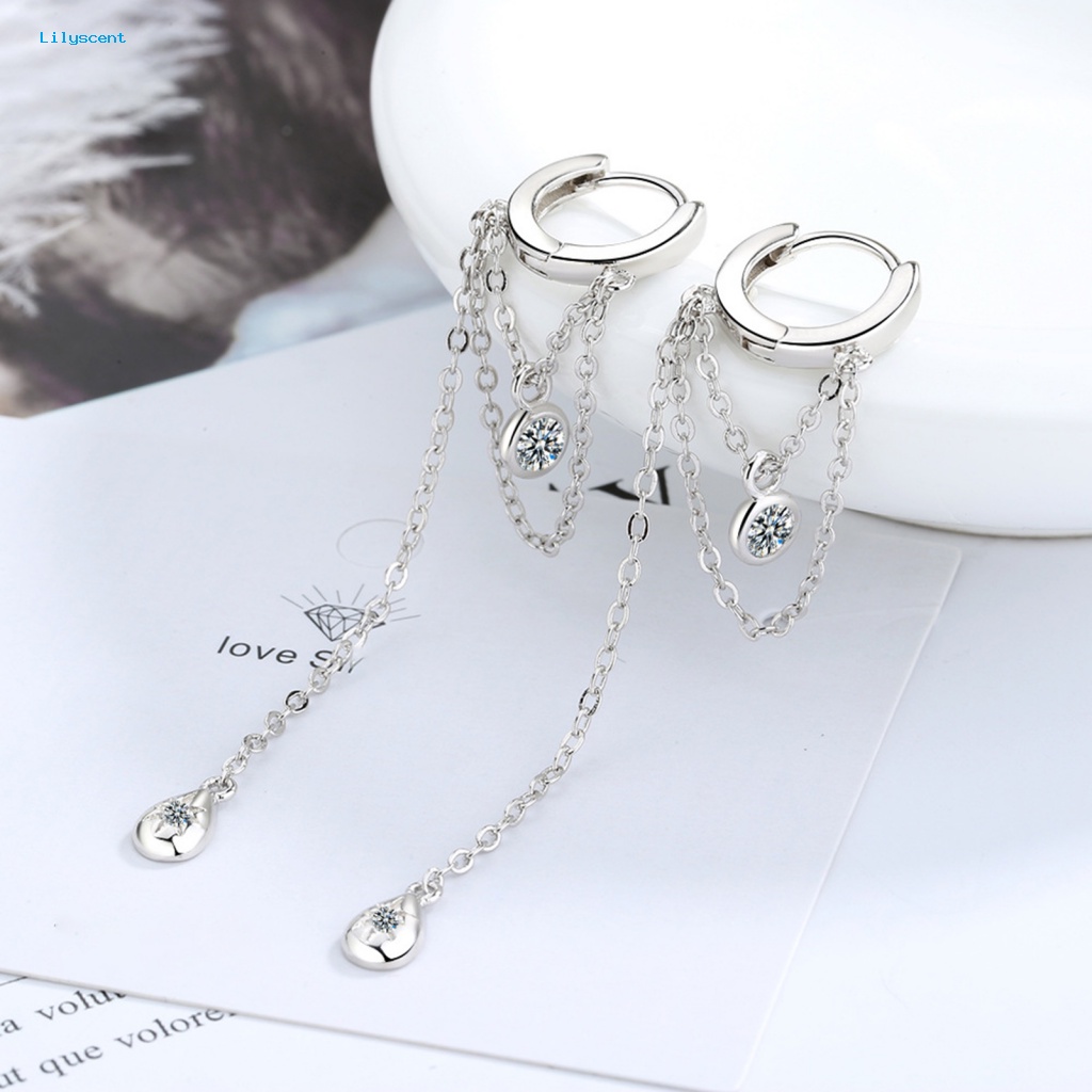 Lilyscent 1pasang Tahan Aus Anting Wanita Fashion Perhiasan Berlian Imitasi Tertanam Women Pendant Earrings Jumbai Panjang