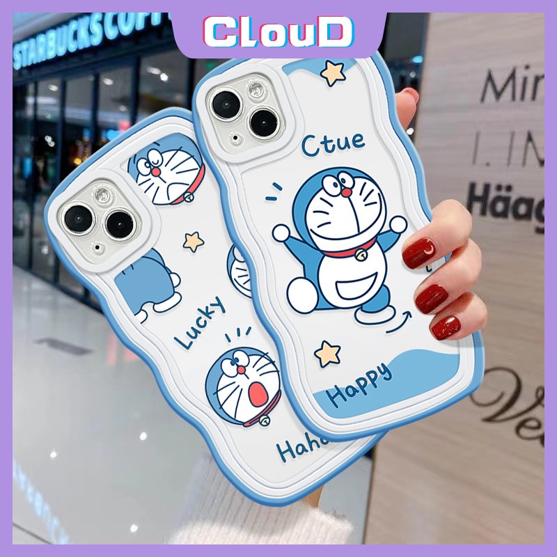 IPHONE Pasangan Casing Tepi Bergelombang Kompatibel Untuk Iphone7 6 8 6s 14plus11 13 12 14 Pro Max 7Plus XR XS X Max SE 2020 Kartun Doraemon Ekspresi Kucing Lucu Lembut Tpu Penutup Belakang