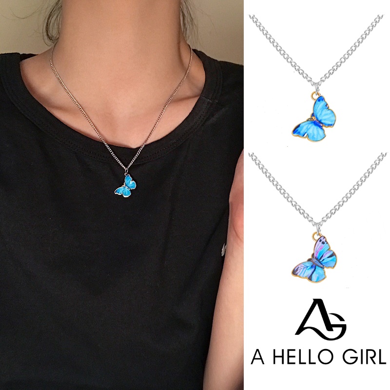 Kalung Choker Liontin Kupu-Kupu Warna Biru Gradasi Gaya Korea Untuk Wanita