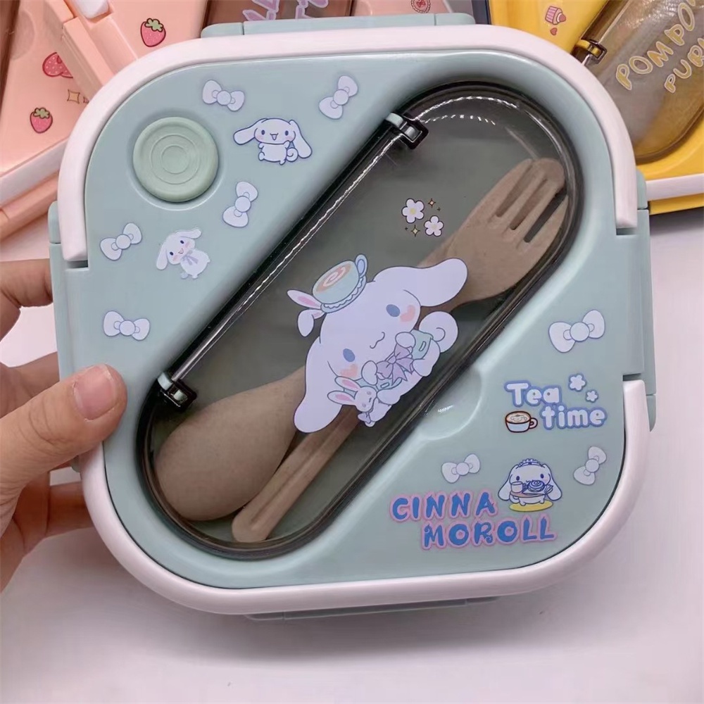 ღ Sanrio Lunch Box Set Kawaii Cinnamoroll Melody Kuromi Purin Microwave Kotak Makan Siang Siswa Tiga Kompartemen Dengan Peralatan Makan Kotak Pemelihara Segar Lucu