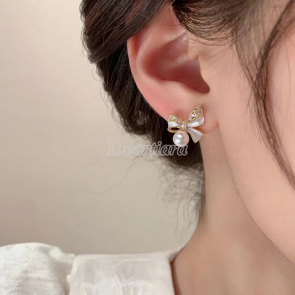 Temperamen Anting Busur Mutiara Manis Kecil Dan Indah Micro Set Zirkon Anting Fashion Anting Serbaguna