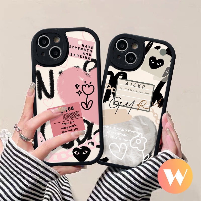 Love Heart Case Oppo A17 A55 A58 A1K A96 A95 A15 A77s A54 A76 A7 A12 A78 A16 A31 A17K A57 A16K A9 A5 A5s A92 A53 A3S A16E A74 Reno 8T 5F 8 5 7Z Ins Graffiti Letter Label Sarung Soft Cover