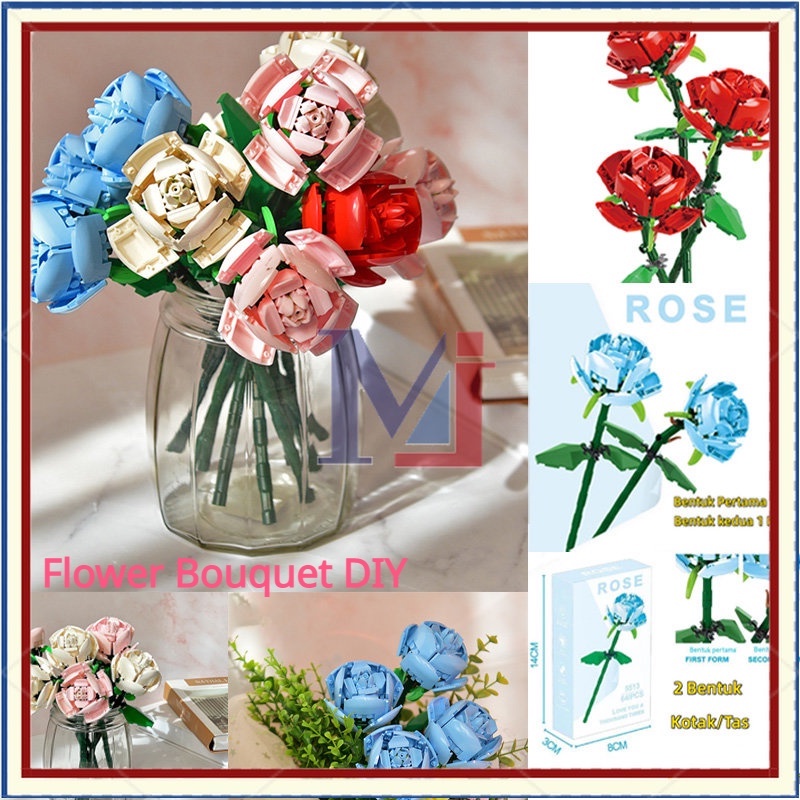 【COD】DIY Flower Block Rose Flower Mawar Block Buket Bunga Blok Bangunan Flower Bouquet Mainan Bunga Block