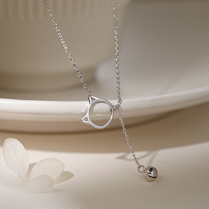 Papaozhu Lucu S925 Perak Kucing Bell Liontin Kalung Untuk Wanita Perempuan Gaya Anak Kucing Tulang Selangka Rantai Kreatif Aksesoris Leher Musim Panas All-match Perhiasan