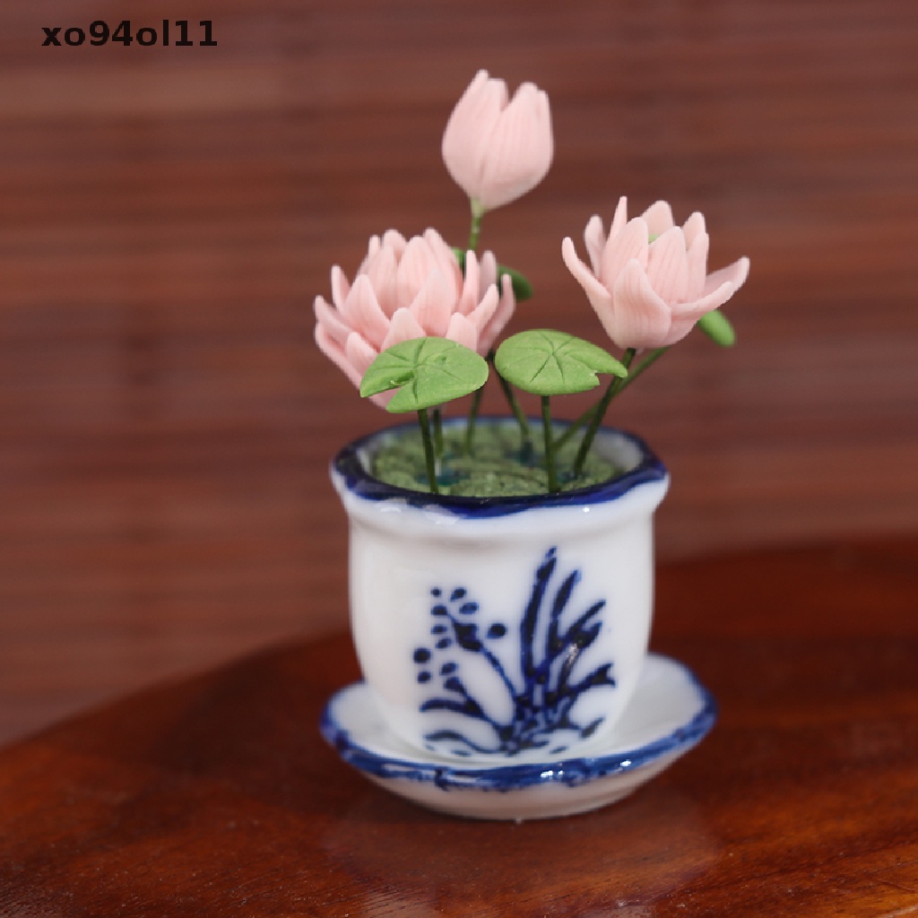 Xo 1: 12rumah Boneka Miniatur Lotus Pot Bunga Keramik Dekorasi Rumah Boneka OL