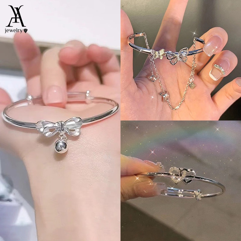 Ay (CN) Gelang Kupu-Kupu Busur Hati Elegan Bunga Lonceng Kristal Zirkon Emas Perak Bangle Adjustable Untuk Aksesoris Perhiasan Wanita