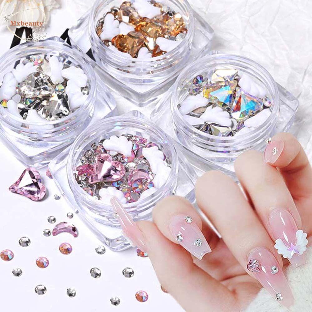 Mxbeauty Kuku Berlian Imitasi Fashion Ukuran Campur Cinta Hati Sayap Bulan Bintang 3D Nail Art Drills