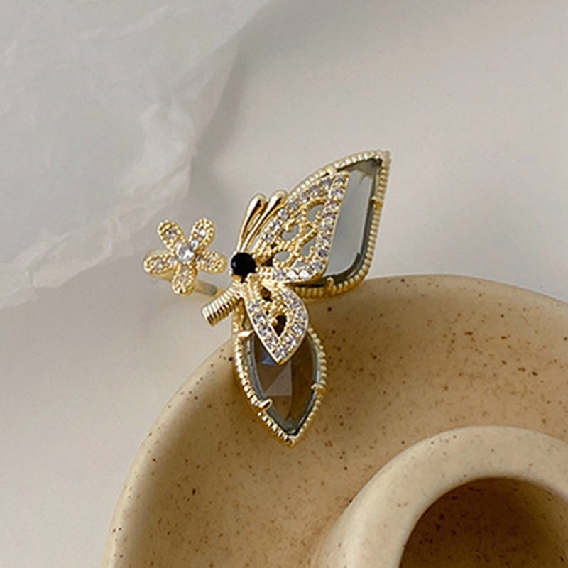 Statement Big Flower Butterfly Open Rings Untuk Wanita Baru Tren Perhiasan Kristal Bijoux Yang Dapat Disesuaikan