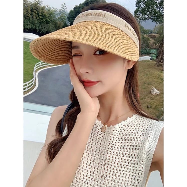 WE Topi Matahari Musim Panas Topi Pantai Wanita Jerami Jogging Knit Visor Lipat Anti UV Fashion Wanita Korea Import