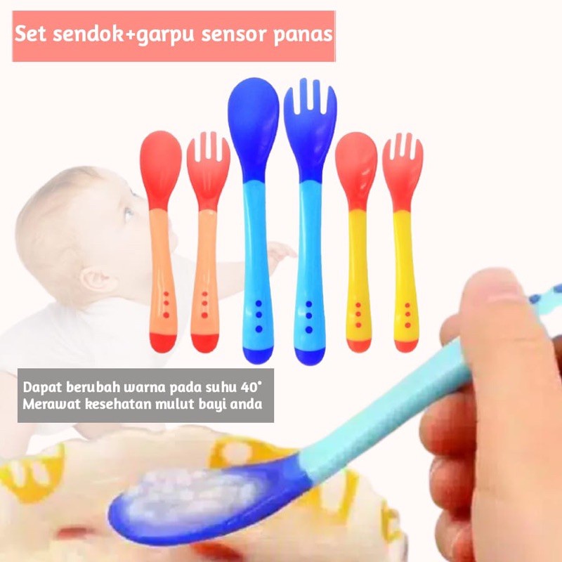 BOP SENDOK GARPU MAKAN BAYI SILIKON SENSOR SUHU PANAS | PERALATAN MPASI ANAK BALITA BATITA BPA FREE | SET SPOON FORK TEMPERATURE COLOR CHANGING SILICONE GOOD QUALITY