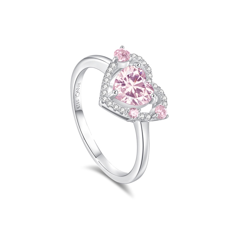 Cincin Perak Kristal Adjustable Pink Zircon Heart Rings Untuk Wanita Fashion Aksesoris Perhiasan