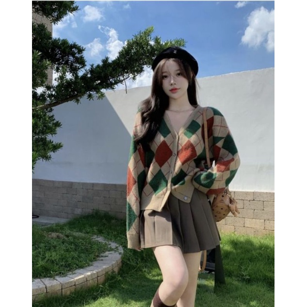 IMPORT NAMRA WOMAN KNIT ARGYLLE CARDIGAN KOREAN STYLE KARDIGAN RAJUT WANITA MUSIM DINGIN