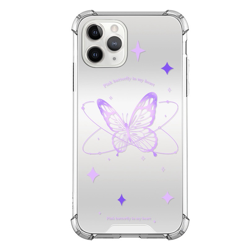 【Anti Fall Mirror】Pretty Silver Makeup Silicone Soft Case Iphone 6S 7 8 Plus X XR XS Max IPhone 11 12 13 14 Pro Max 14 Plus 7+ 8+ 12 13 mini for Women Girl Ins Purple butterfly