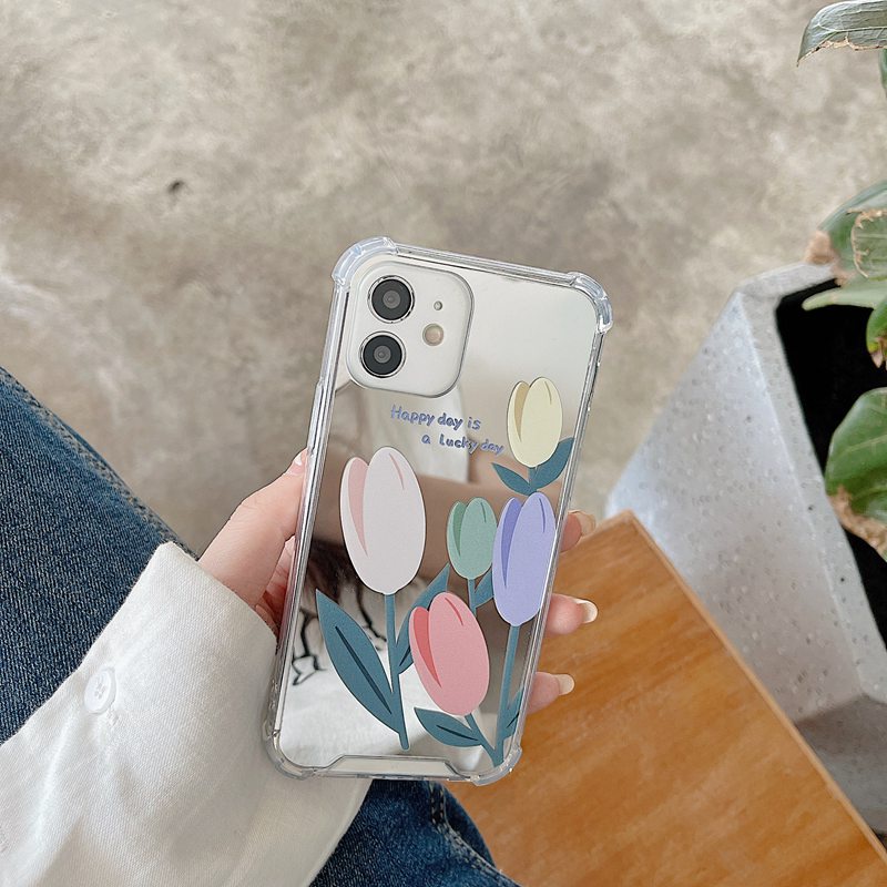 [Anti Jatuh Cermin] Pretty Makeup Silikon Soft Case IPhone 6S 7 8 Plus X XR XS Max IPhone 11 12 13 14 Pro Max 14 Plus 7 +8+12 13 Mini Wanita Cewek Pretty Colorful Bunga Tulip