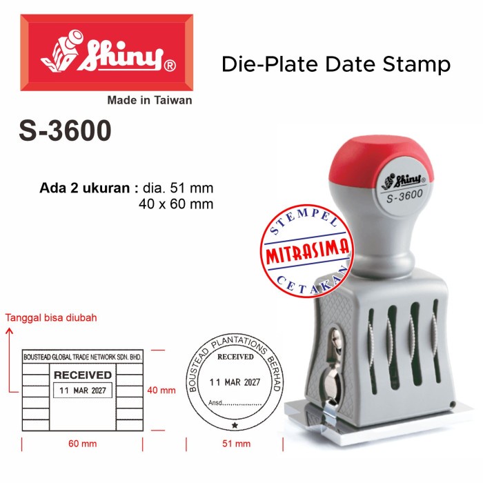 

Stempel Shiny S-3600 ( CUSTOM Die Plate Dater S3600 Tipe S 3600 )