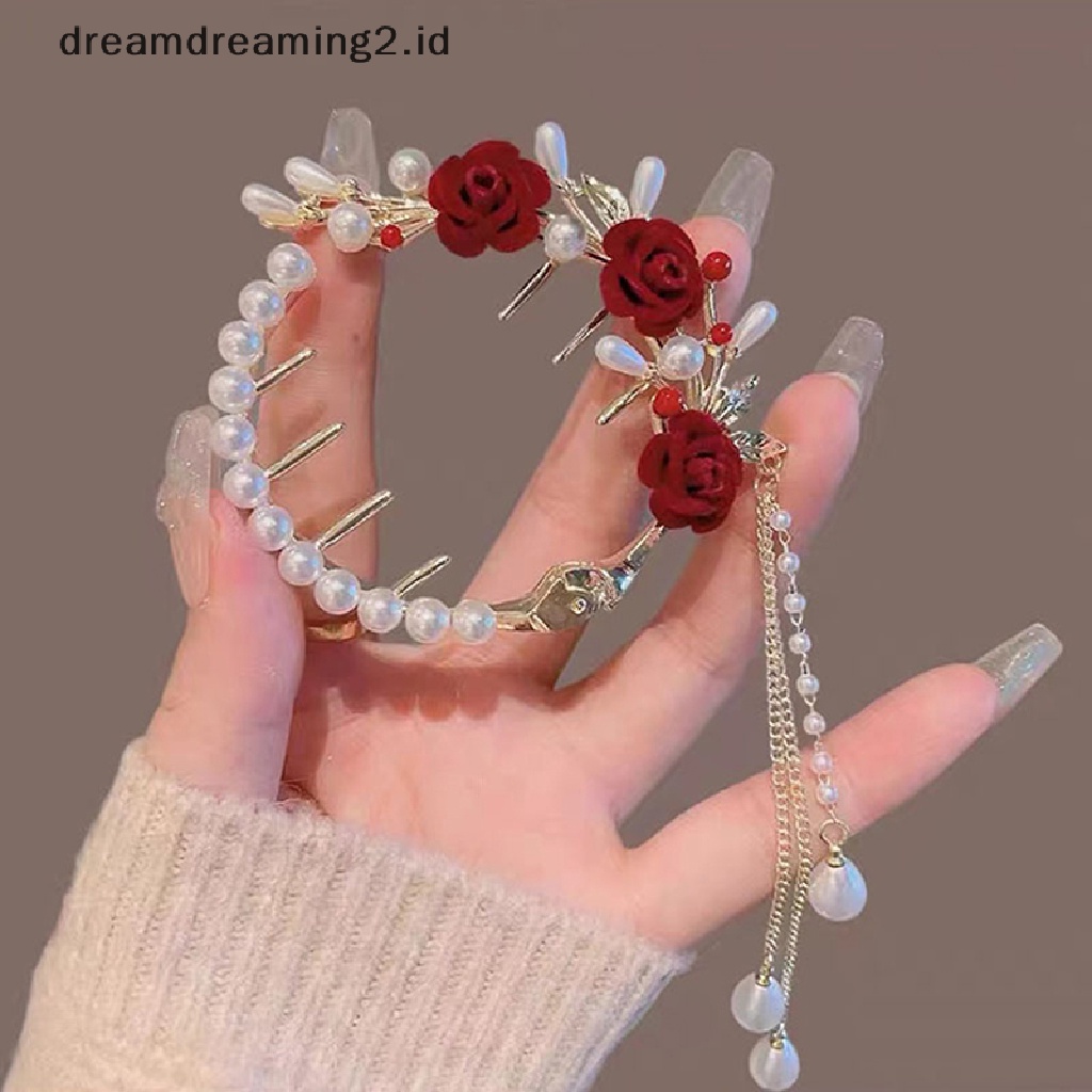 (dream) Retro Mawar Mutiara Ambil Klip Rumbai Ponytail Klip Hiu Klip Berlian Imitasi Fashion Wanita Aksesoris Rambut Klip//