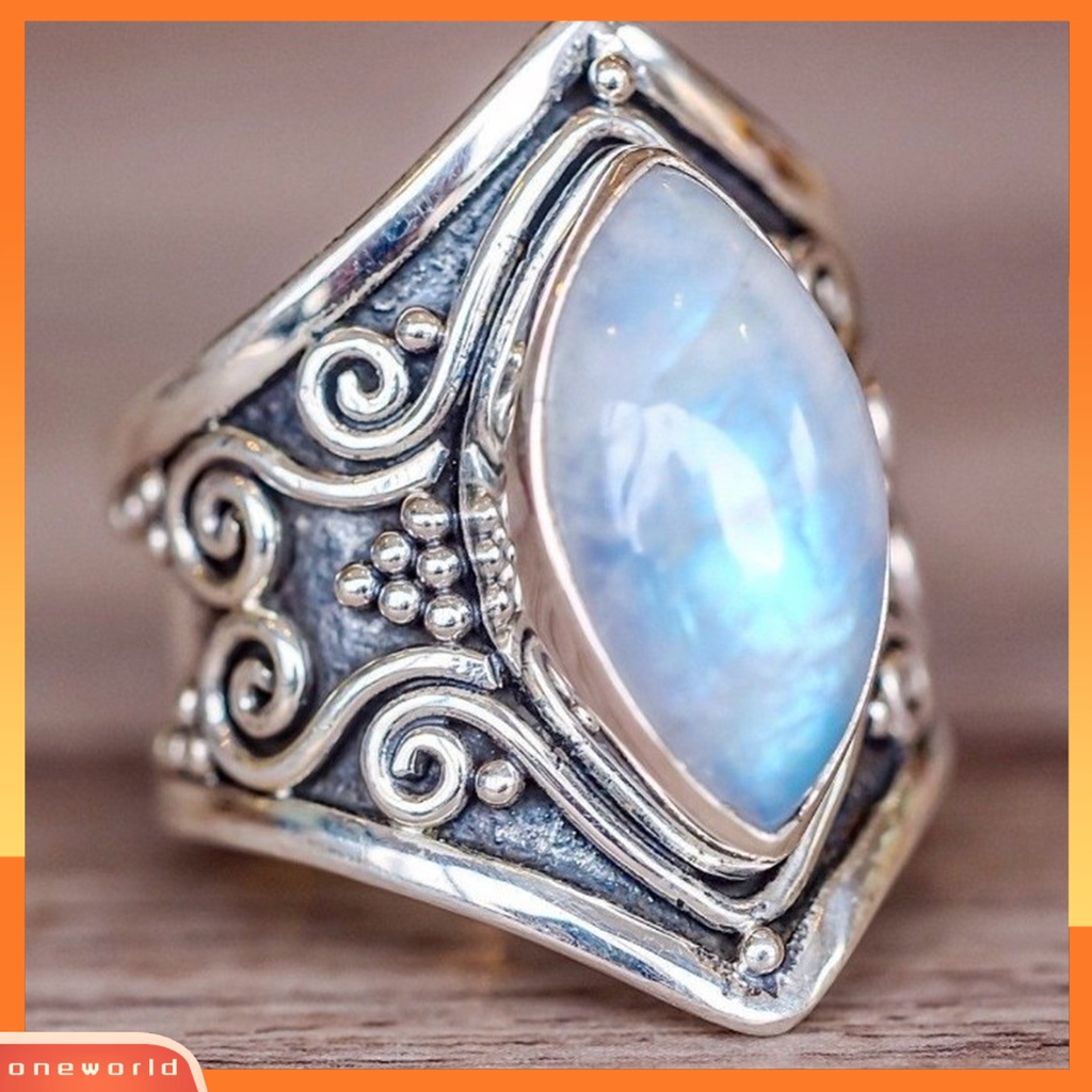 [EONE] Pola Unik Punk Retro Cincin Good-looking Vintage Besar Oval Faux Moonstone Ring Aksesoris Perhiasan