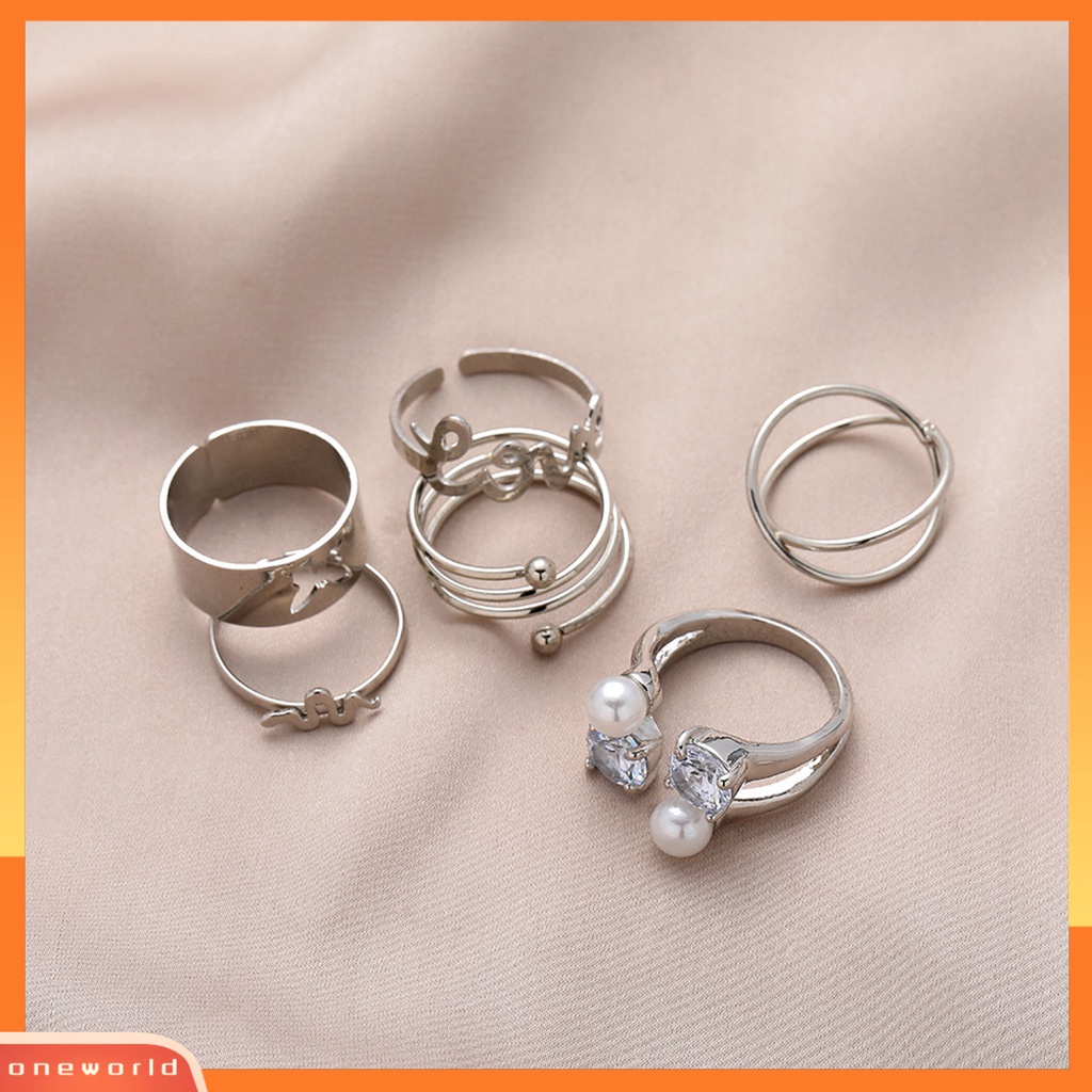 [EONE] 6 Pcs Jari Cincin Huruf Kupu-Kupu Mutiara Imitasi Pria Wanita Pembukaan Adjustable Ins Style Rings Fashion Jewelry