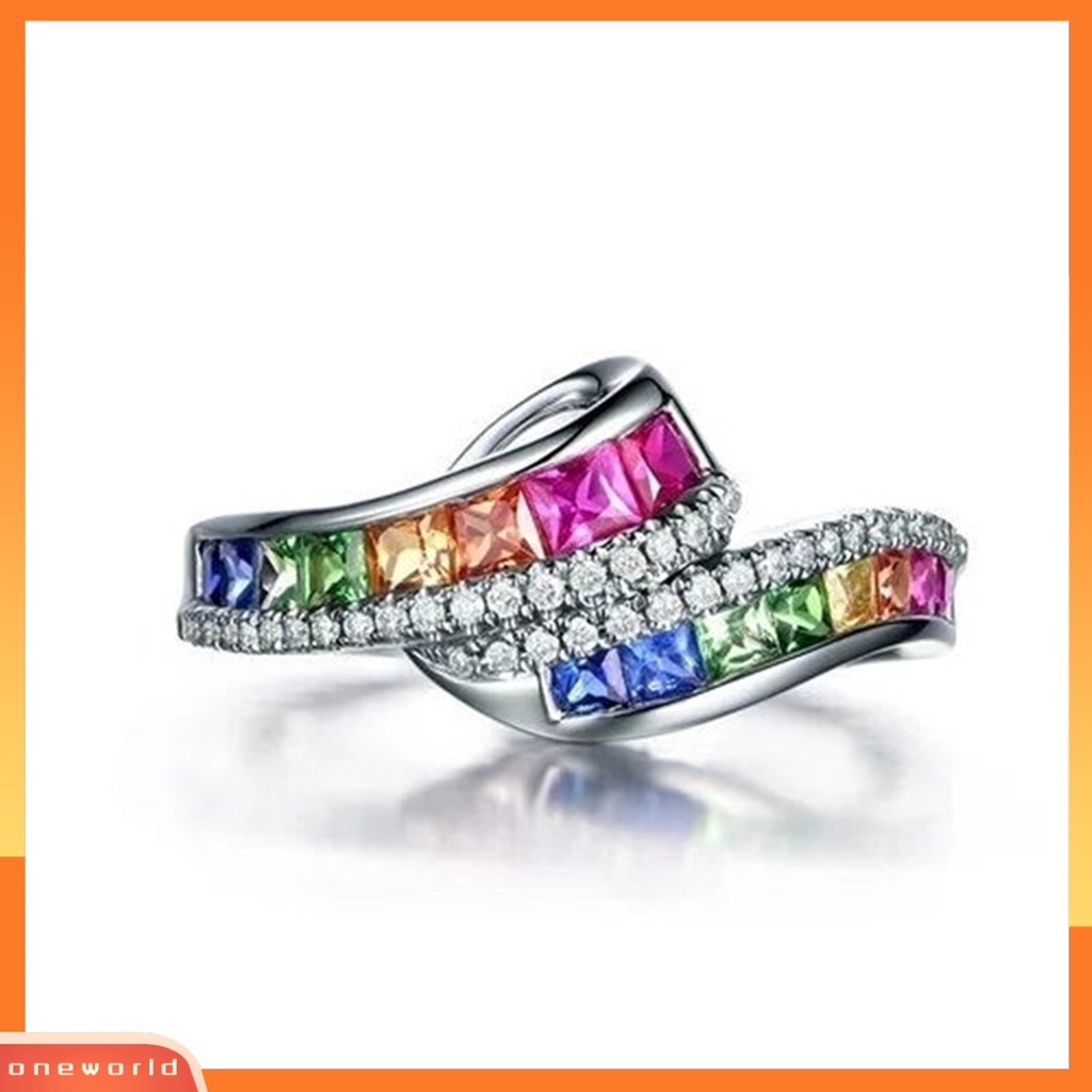 [EONE] Wanita Cincin Berlian Imitasi Mengkilap Hias Berkilau Geometris Electroplating Dekorasi Hadiah Rainbow Berwarna Faux Gemstone Party Ring Jewelry Untuk Pacaran