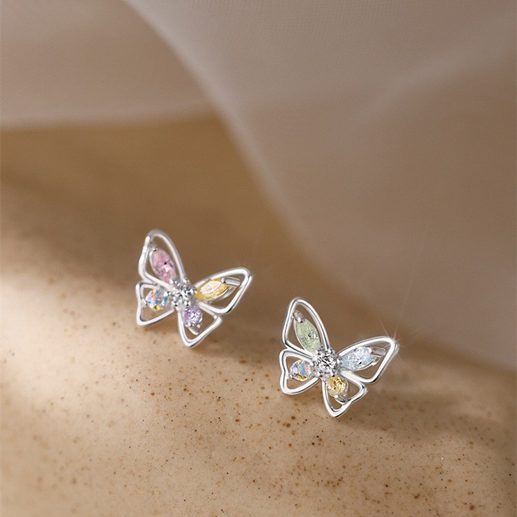 Anting Kupu-Kupu Kristal Warna-Warni Untuk Wanita Silver Stud Earring Perhiasan Aksesoris