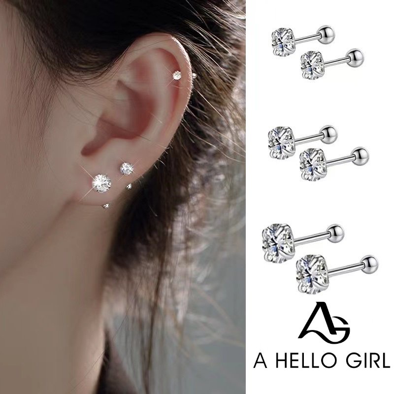 Ahellogirl Anting Tusuk Jarum Perak925Korea Simple Empat Cakar Zirkon Hypoallergenic Untuk Wanita