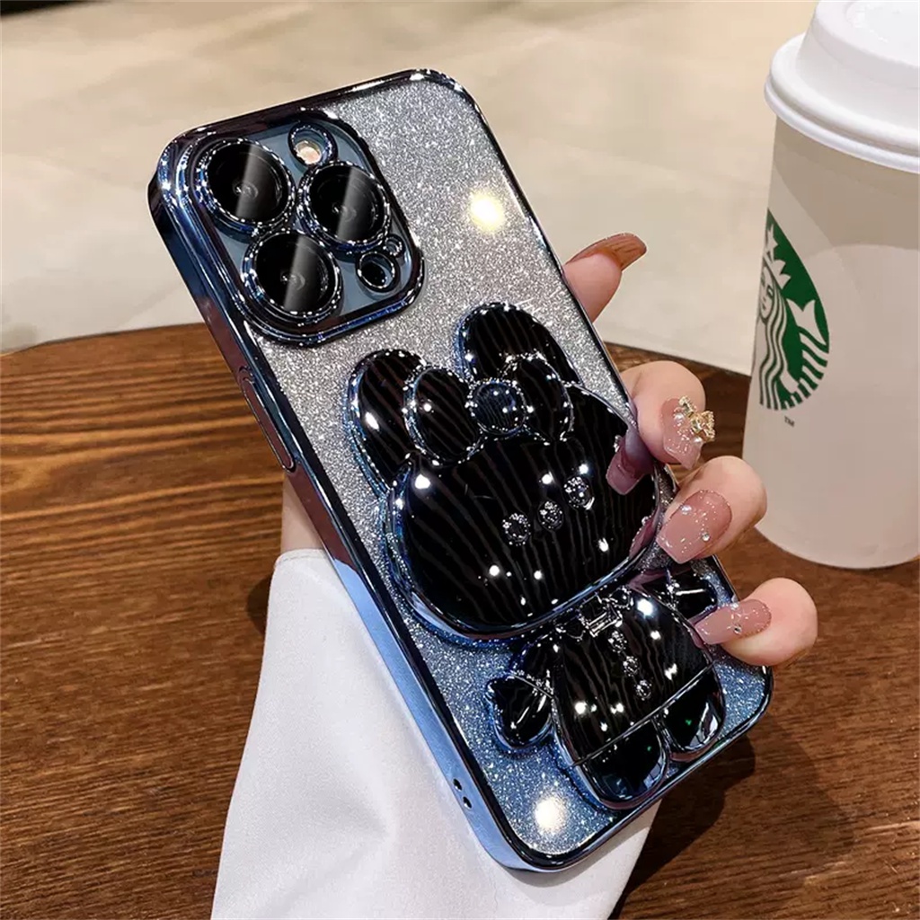 Case holder Cermin Stereoskopik 3D iphone 14 pro max plus case iphone 12 13 pro max 11 pro max case Kamera Perlindungan Lensa Mewah Kedip TPU shockproof soft back cover