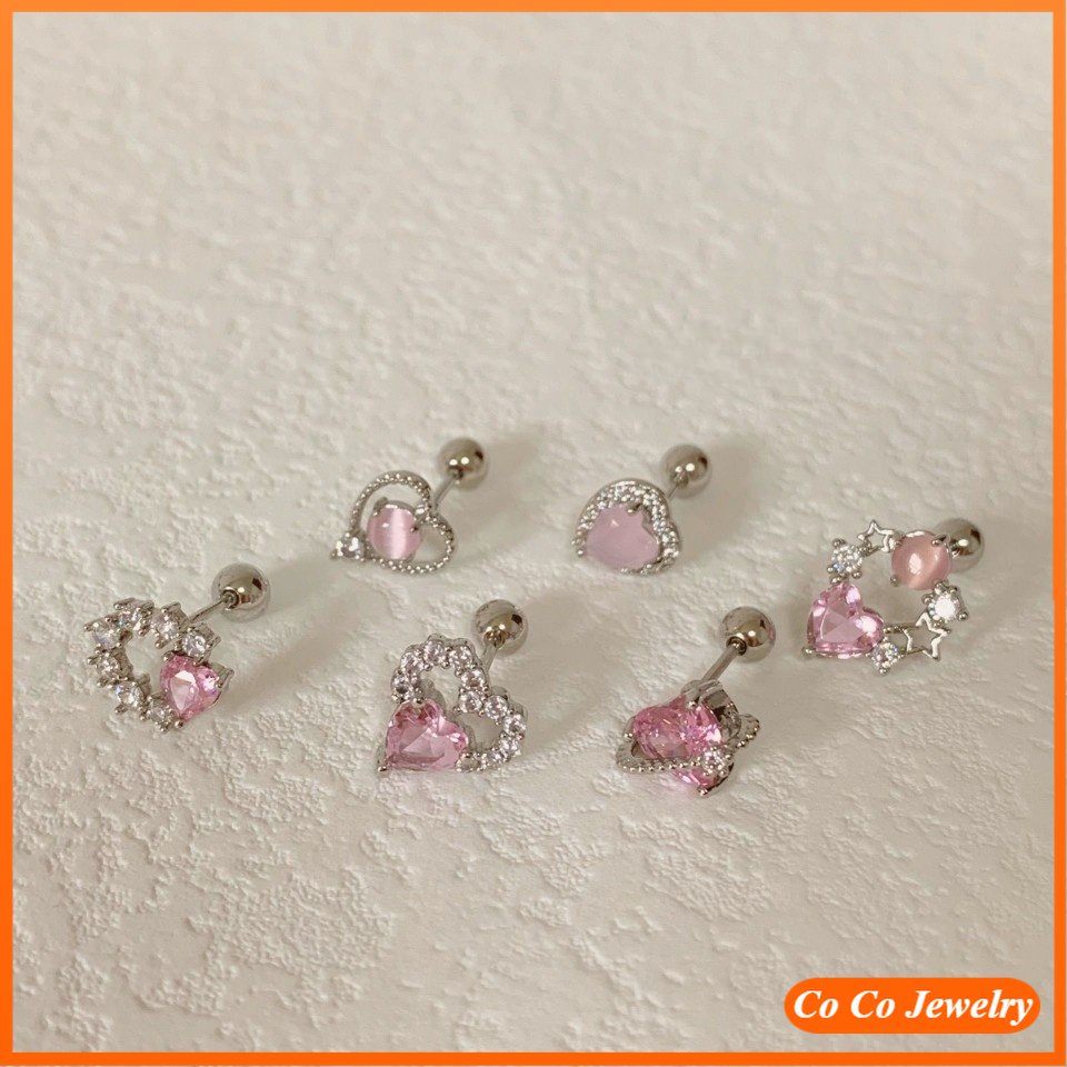 S925 Anting Kristal Zirkon Hati Pink Lapis Perak Untuk Wanita Gadis Aksesoris Fashion