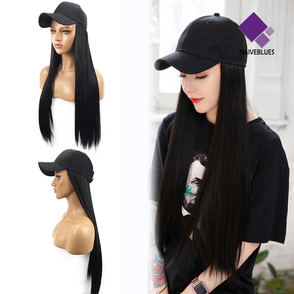 &lt; Naiveblues &gt; Rambut Sintetis Wanita 2in1 Lurus Panjang Dengan Topi Hairpiece Pesta