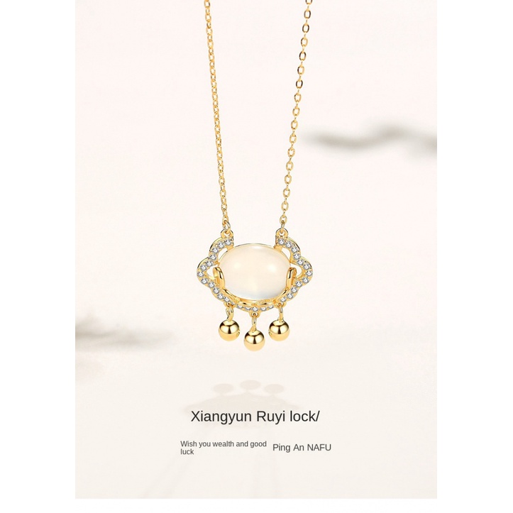 Sterling Silver Disepuh 14 K Emas Menguntungkan Awan Ruyi Aman Lock Kalung Perempuan Tik Tok Gaya Yang Sama Kunci Konsentrik Gaya Cina Liontin Kalung