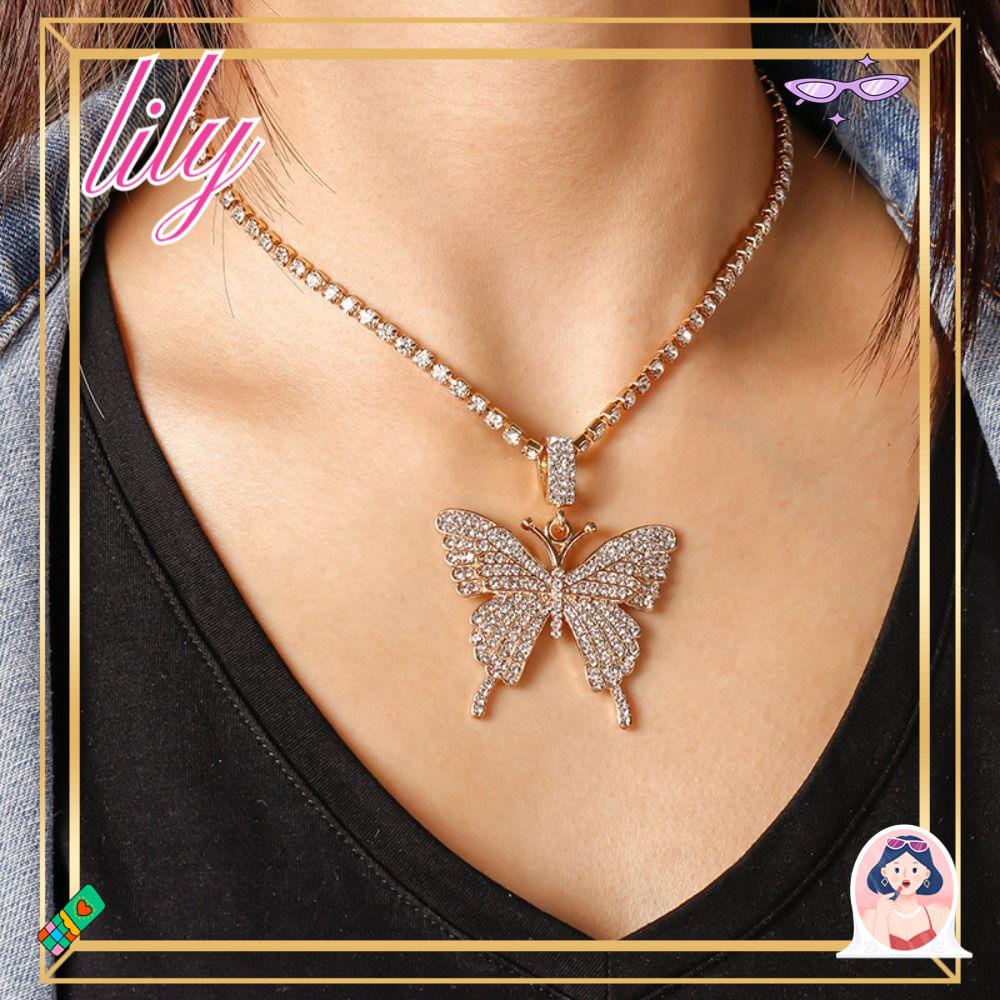 Lily Butterfly Pendant Necklace Elegant Diamond-Embedded Alloy Choker Necklaces