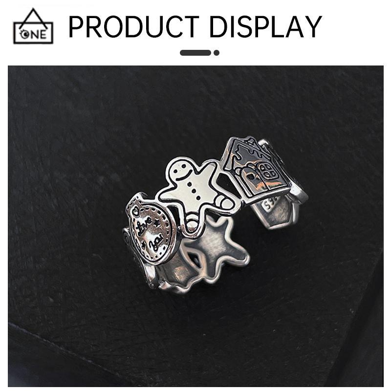 COD❤️Grafiti Perak Gingerbread Man Cincin Terbuka Adjustable Ring Retro Korea Vintage Gaya Untuk Pria Dan Wanita-A.one