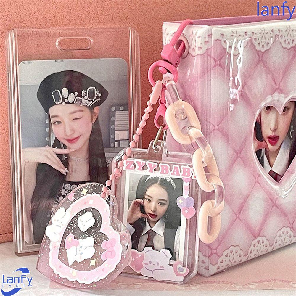 Lanfy Tempat Photocard Cute Kawaii Acrylic Alat Tulis Sekolah Koleksi Album Transparan Idol Foto Sleeves Gantungan Kunci Photo Card