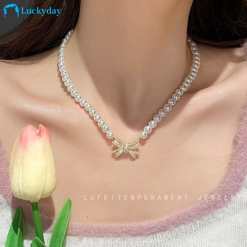 Yeezii Sweet Bow Kalung Untuk Wanita Mutiara Beads Choker Fashion Perhiasan Aksesoris