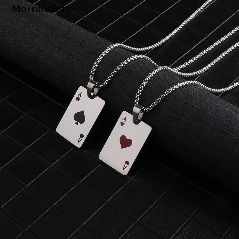 Mornin Pria Baja Titanium Poker Beruntung Ace of Spades Liontin Kalung Merah Hitam Warna Perak Baja Titanium Rantai Panjang Kalung Perhiasan id