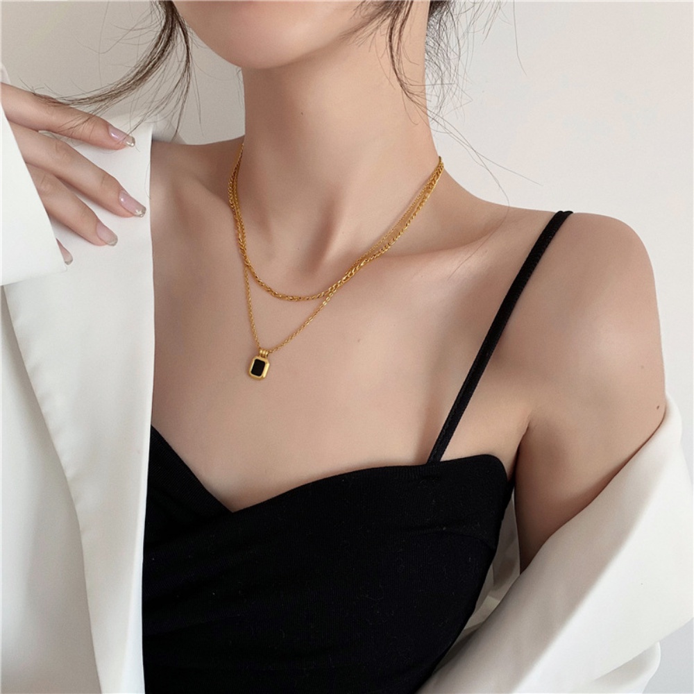 Deartiara Fashion Eropa Dan Amerika Double Layer Square Pendant Necklace Ins Rantai Kerah Serbaguna Minimalis