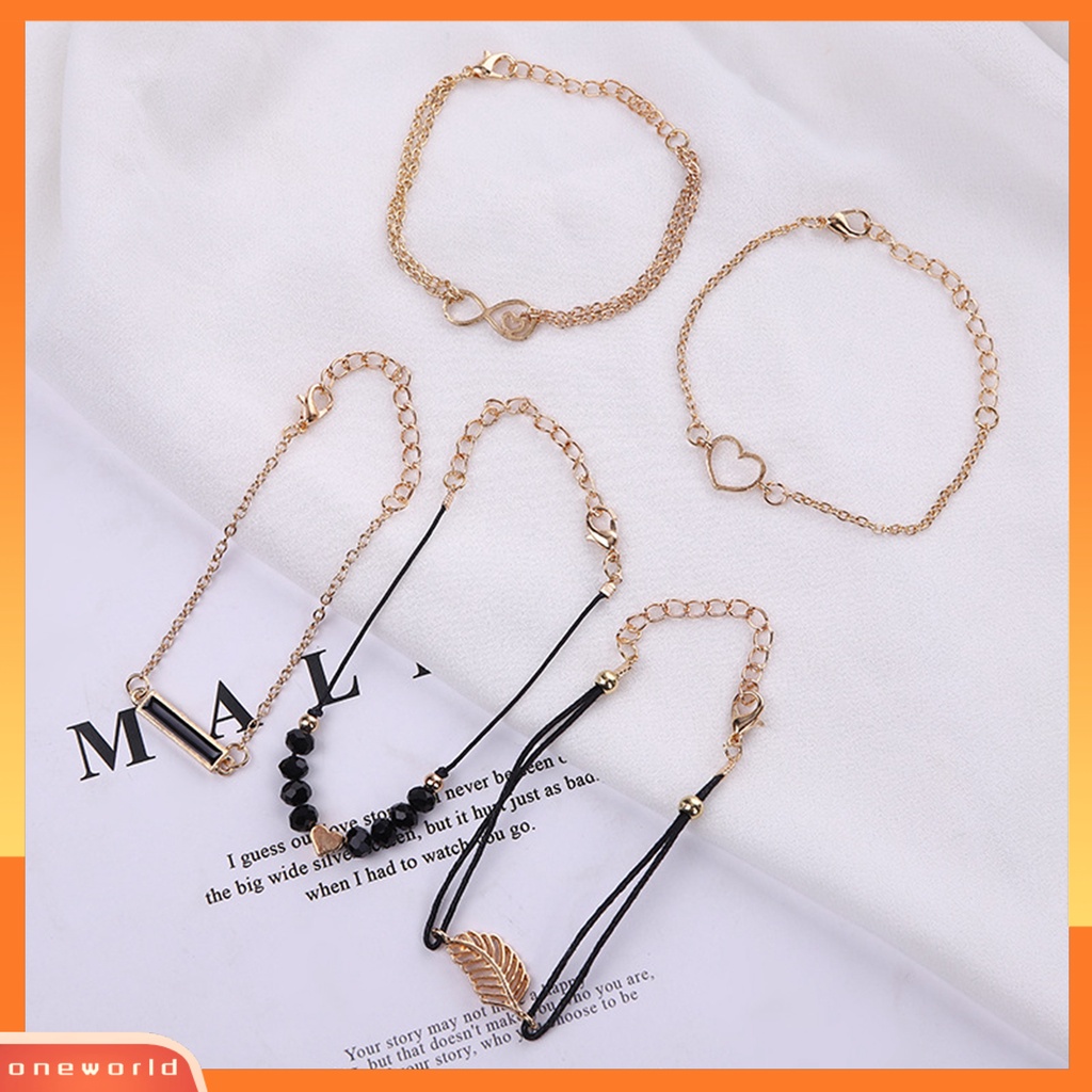 [EONE] 5pcs/set Gelang Rantai Beberapa Lapisan Handmade Tali Kombinasi Fashion Boho Geometris Daun Manik-Manik Berlapis Tangan Rantai Perhiasan Aksesori