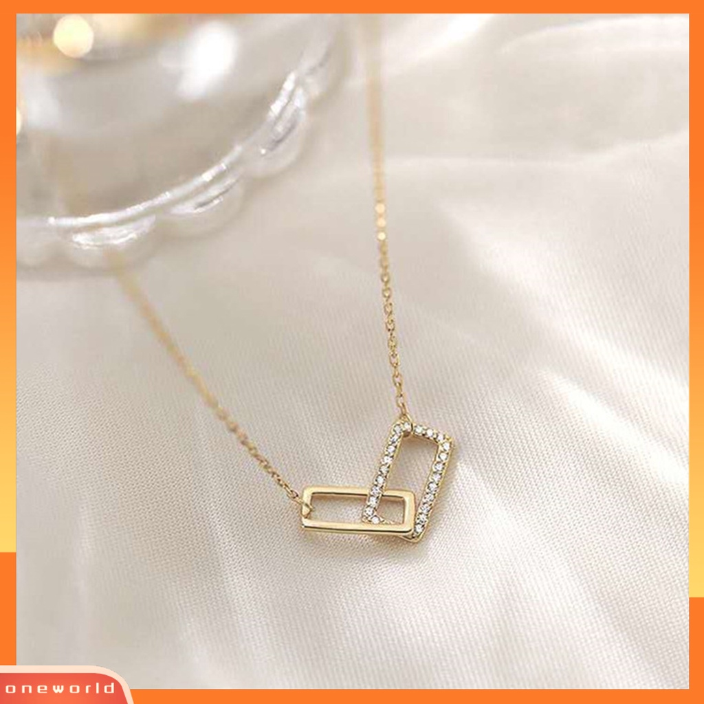 [EONE] Wanita Kalung Geometris Berlian Imitasi Mengkilap Hias Adjustable Extension Rantai Hias Hadiah Double Square Interlock Liontin Klavikula Rantai Perhiasan Untuk Pacaran