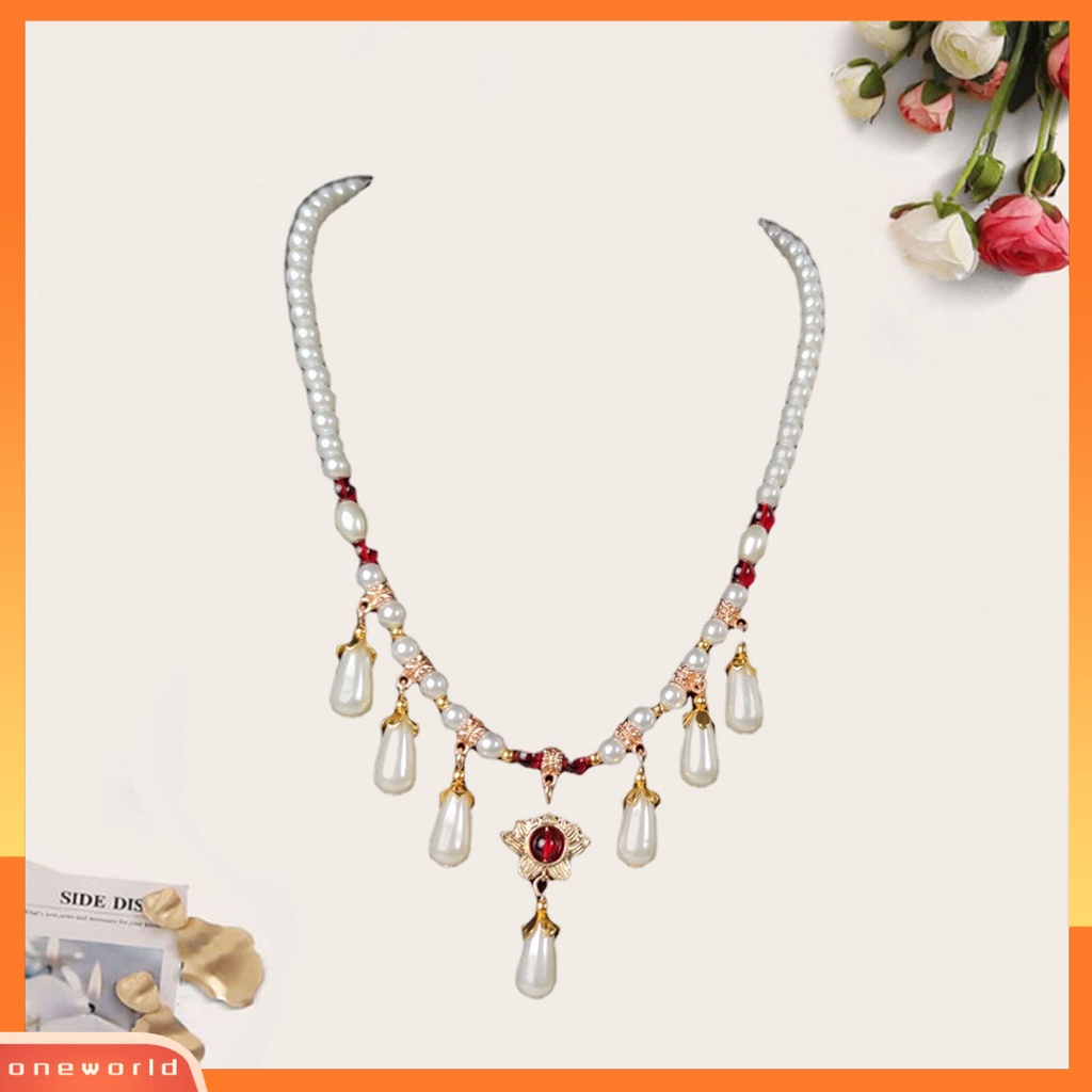 [EONE] Hias Berlian Imitasi Teardrop Liontin Adjustable Vintage Kalung Wanita Mutiara Imitasi Cheongsam Kalung Perhiasan Aksesoris