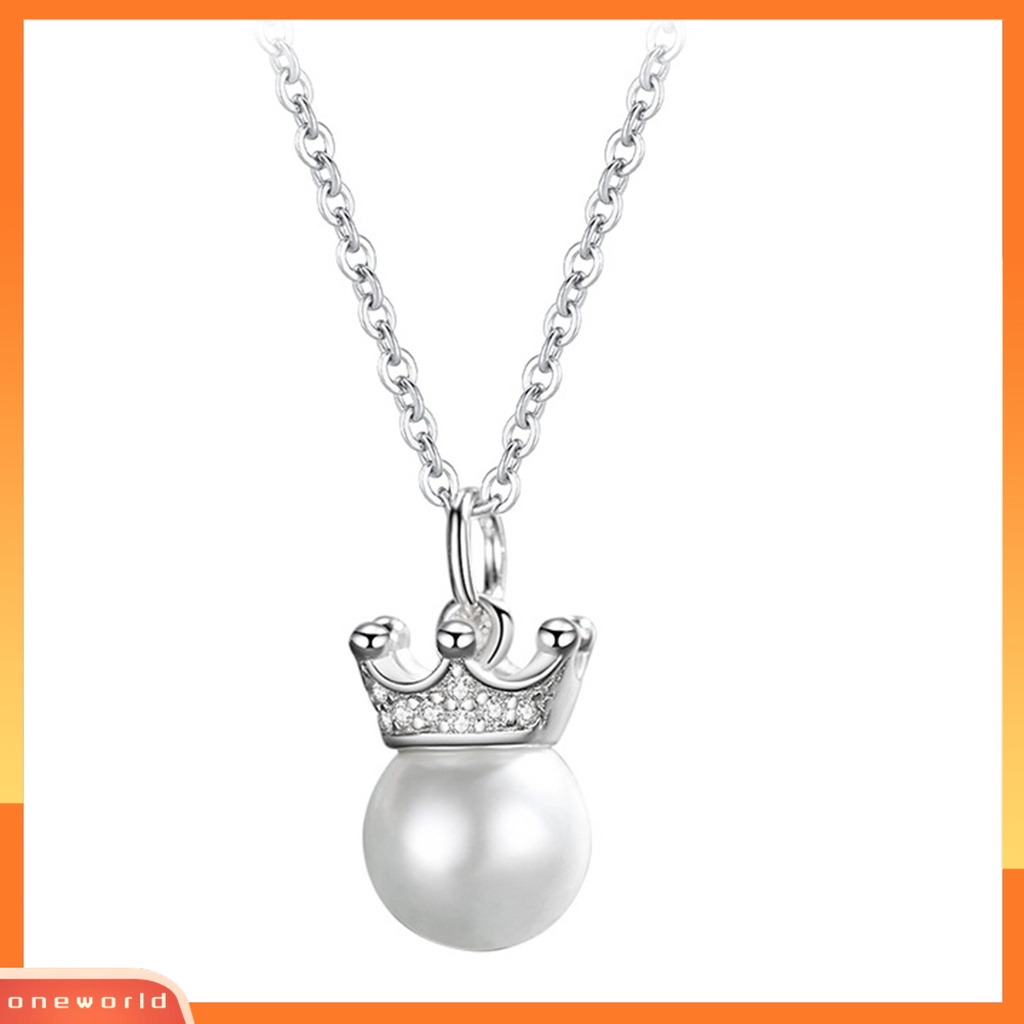 [EONE] Rantai Klavikula Bentuk Mahkota Bersinar Liontin Mutiara Imitasi Finishing Terang Anti Karat Berdandan Colorfast Bulat Liontin Kalung Aksesori Pakaian