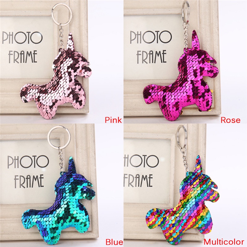 Fashion Lucu Shiny Unicorn Pendant Keychain Glitter Sequin Pony Key Chain Untuk Wanita Tas Liontin Aksesoris Ponsel Dekorasi Keyring