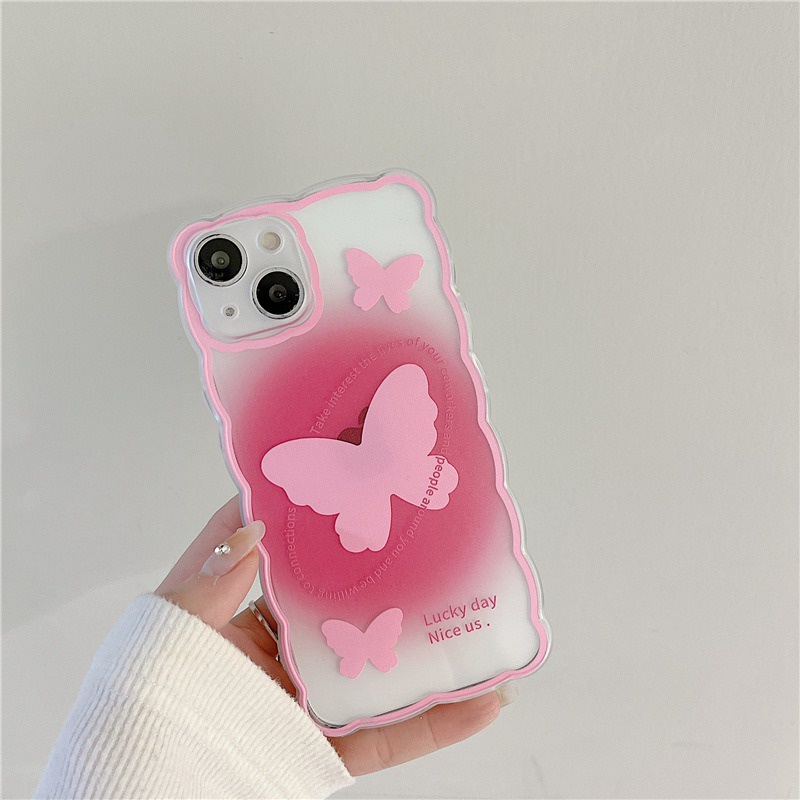 【INS Wave】Pink Butterfly Soft TPU Case HP iP iPhone 11 12 13 14 Pro Max 7 8 + Plus SE 2020 X XS XR Max Girl Woman Clear FTD Casing Apple