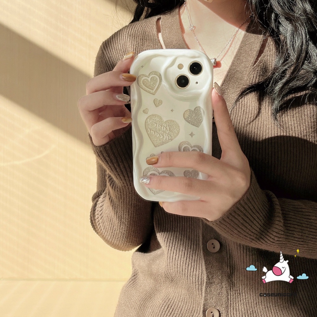 IPHONE 3d Wavy Curved Edge Love Heart Back Cover Kompatibel Untuk Iphone14 11 12 13 Pro Max 7Plus XR X7 8 6s 6 Plus XS Max SE 2020 Glossy Shockproof Soft Tpu Phone Case Shell