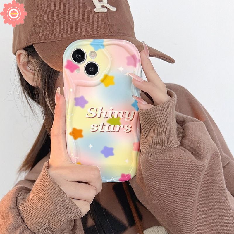 Casing Huruf Bintang Mengkilap Gradasi Fantasi Kompatibel Untuk IPhone 7Plus 11 14 13 12 Pro Max XR 6s 6 7 8 Plus X XS Max SE 2020 3D Wavy Curved Edge Glossy Shockproof Airbag Soft Cover