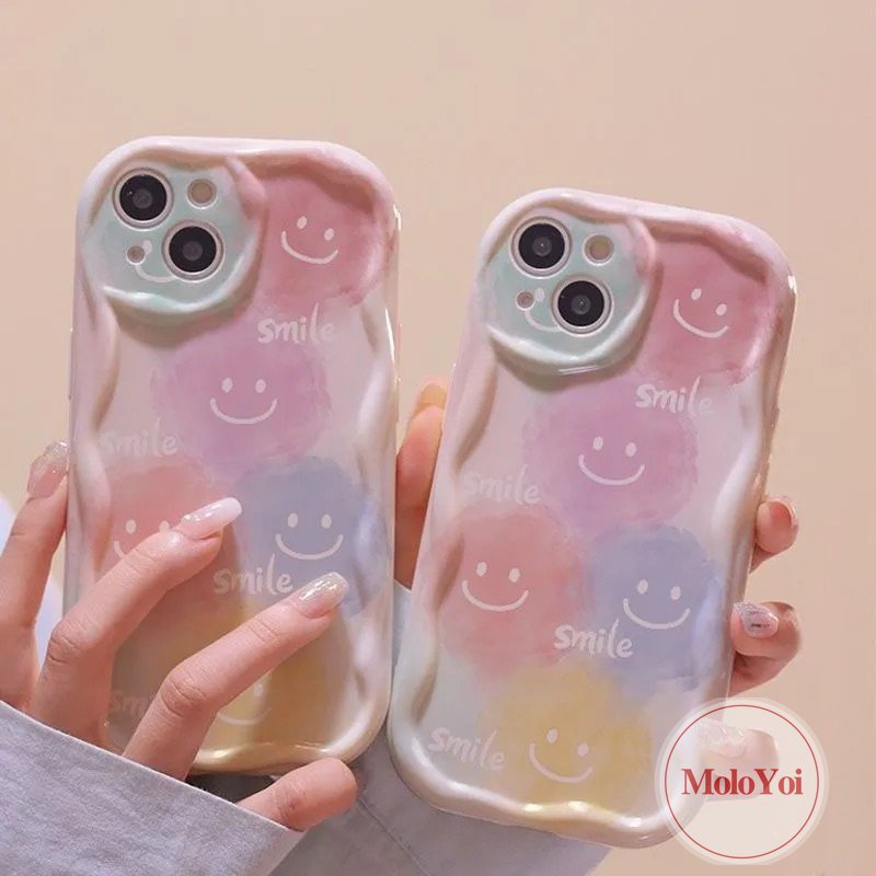 IPHONE Kartun Lucu Colorful Smiley Phone Cover Kompatibel Untuk Iphone11 12 14 13 Pro Max X7 8 6s 6 Plus XR XS Max SE 2020 7Plus 3D Wavy Curved Edge Soft Shockproof Glossy Case