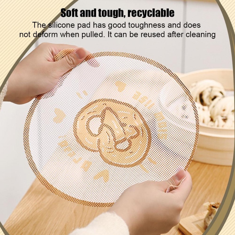 Alas Steamer Mesh Tahan Panas Motif Kartun Lucu Roti Dapur Pastry Alat Masak Silicone Steamer Pad Dengan Lubang Gantung Alas Kertas Kukusan Anti Lengket Food Grade Reusable