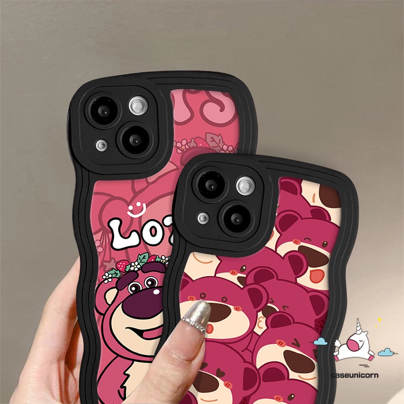 IPHONE Lovely Kartun Manyo Wavy Edge Back Case Kompatibel Untuk Iphone11 14 13 12 Pro Max 7Plus 8Plus X XR 6s 7 8 6 14 Plus XS Max SE 2020 Cute Strawberry Bear Soft Tpu Cover Pelindung